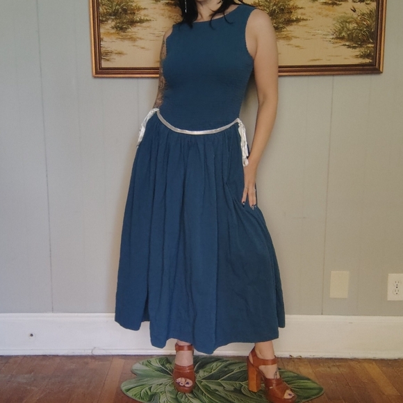 Free People Nightingale Seersucker Midi Dress Tea Length Boho Teal Turquoise M - Picture 5 of 11